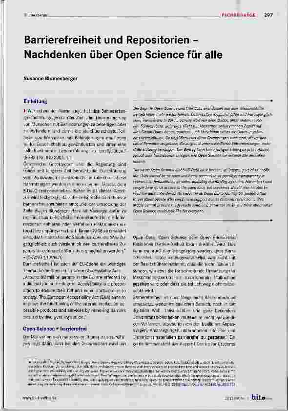 Vorschauseite 1: Barrierefreiheit und Repositorien Nachdenken über Open Science für alle