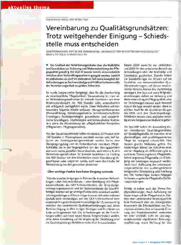 Vorschauseite 1: Vereinbarung zu Qualitätsgrundsätzen Trotz weitgehender Einigung - Schiedsstelle muss entscheiden