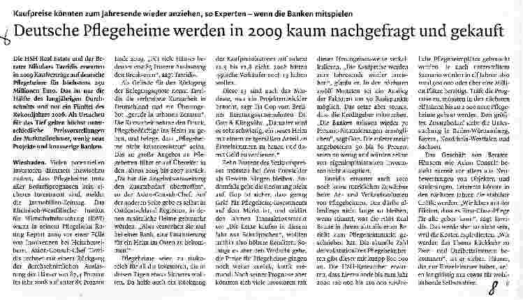Vorschauseite 1: Deutsche Pflegeheime werden in 2009 kaum nachgefragt und gekauft