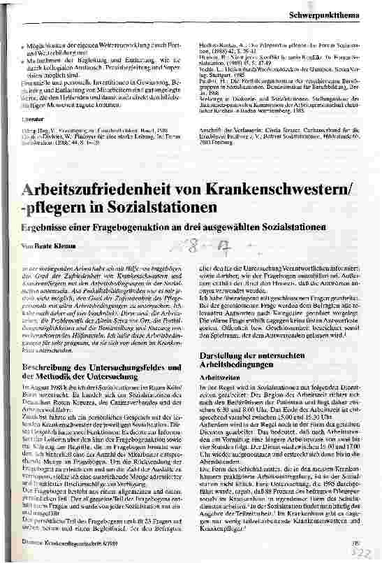 Vorschauseite 1: Arbeitszufriedenheit von Krankenschwestern/-pflegern in Sozialstationen - Ergebnisse einer Fragebogenaktion