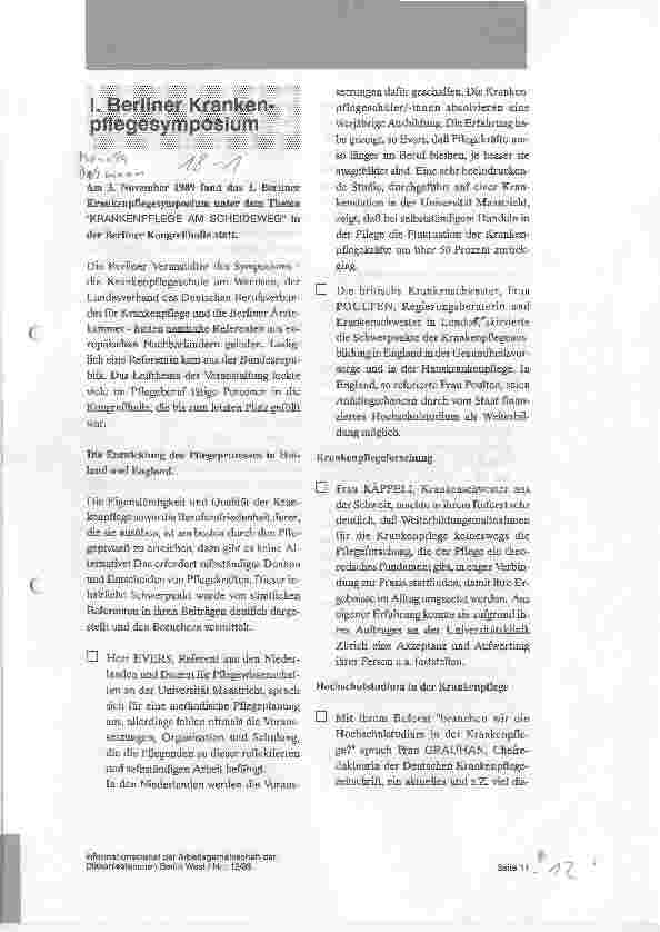 Vorschauseite 1: I. Berliner Krankenpflegesymposium