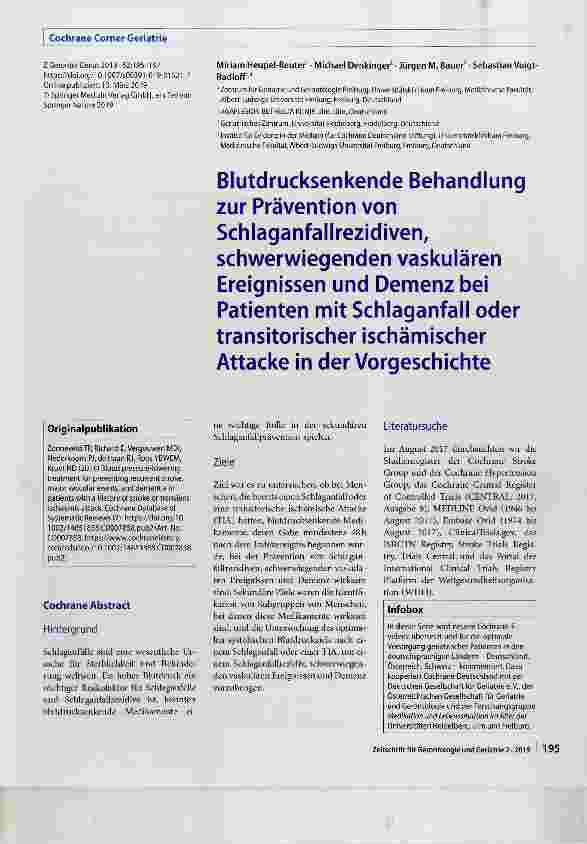 Vorschauseite 1: Blutdrucksenkende Behandlung zur Prävention von Schlaganfallrezidiven, schwerwiegenden vaskulären Ereignissen und Demenz bei Patienten mit Schlaganfall oder transitorischer ischäm…