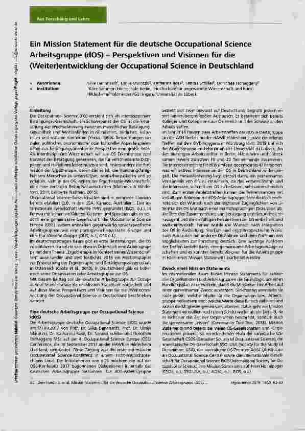 Vorschauseite 1: Ein Mission Statement für die deutsche Occupational Science Arbeitsgruppe (dOS) - Perspektiven und Visionen für die (Weiter)entwicklung der Occupational Science in Deutschland