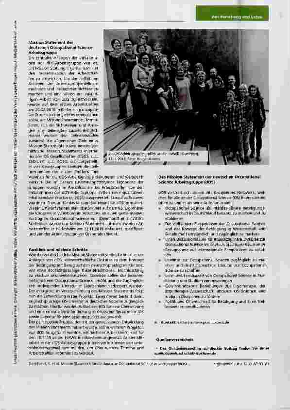 Vorschauseite 2: Ein Mission Statement für die deutsche Occupational Science Arbeitsgruppe (dOS) - Perspektiven und Visionen für die (Weiter)entwicklung der Occupational Science in Deutschland