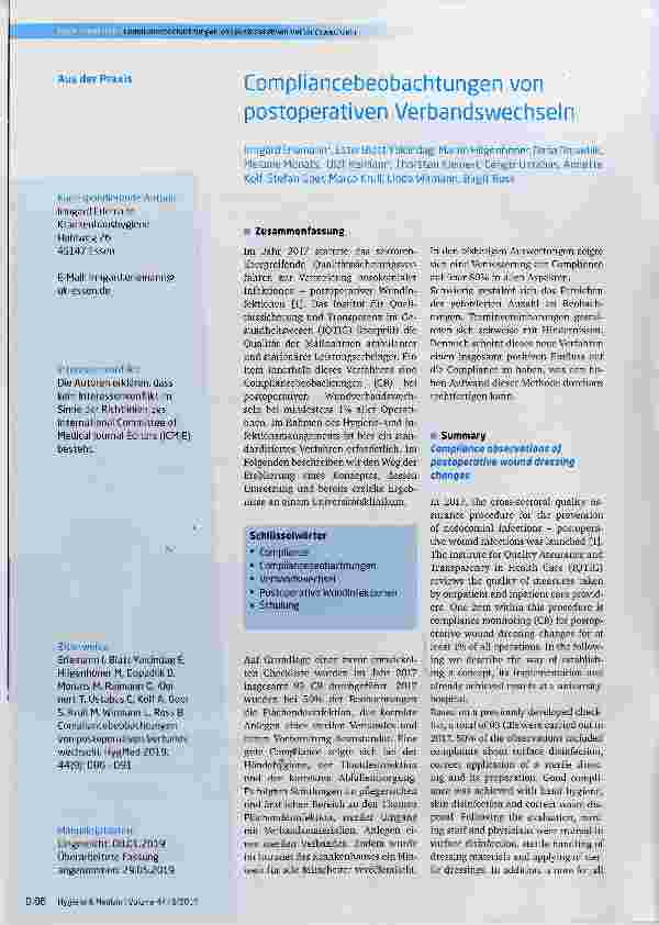 Vorschauseite 1: Compliancebeobachtungen von postoperativen Verbandswechseln