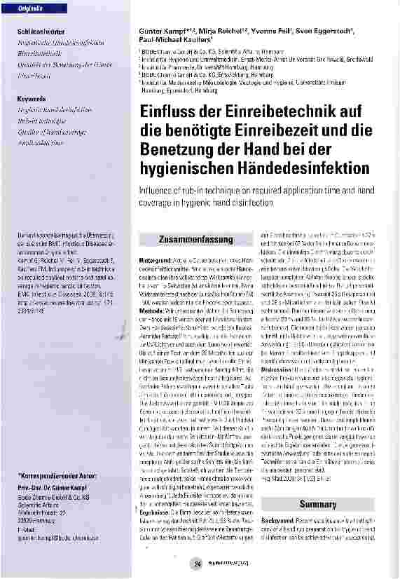 Vorschauseite 1: Einfluss der Einreibetechnik auf die benötigte Einreibezeit und die Benetzung der Hand bei der hygienischen Händedesinfektion