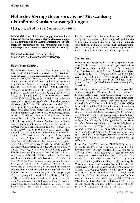Vorschauseite 1: Höhe des Verzugszinsanspruchs bei Rückzahlung überhöhter Krankenhausvergütungen §§ 284, 285, 288 Abs. 1 BGB, § 112 Abs. 2 Nr. 1 SGB V