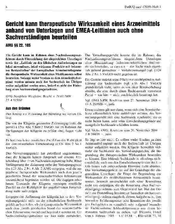 Vorschauseite 1: Gericht kann therapeutische Wirksamkeit eines Arzneimittels anhand von Unterlagen und EMEA-Leitlinien auch ohne Sachverständigen beurteilen