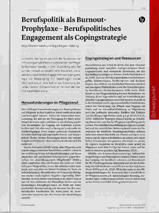 Vorschauseite 1: Berufspolitik als Burnout- Prophylaxe Berufspolitisches Engagement als Copingstrategie