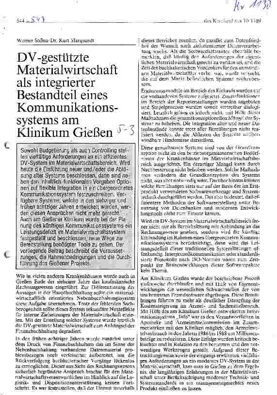 Vorschauseite 1: EDV-gestützte Materialwirtschaft als integrierter Bestandteil eines Kommunikationssystems am Klinikum Gießen