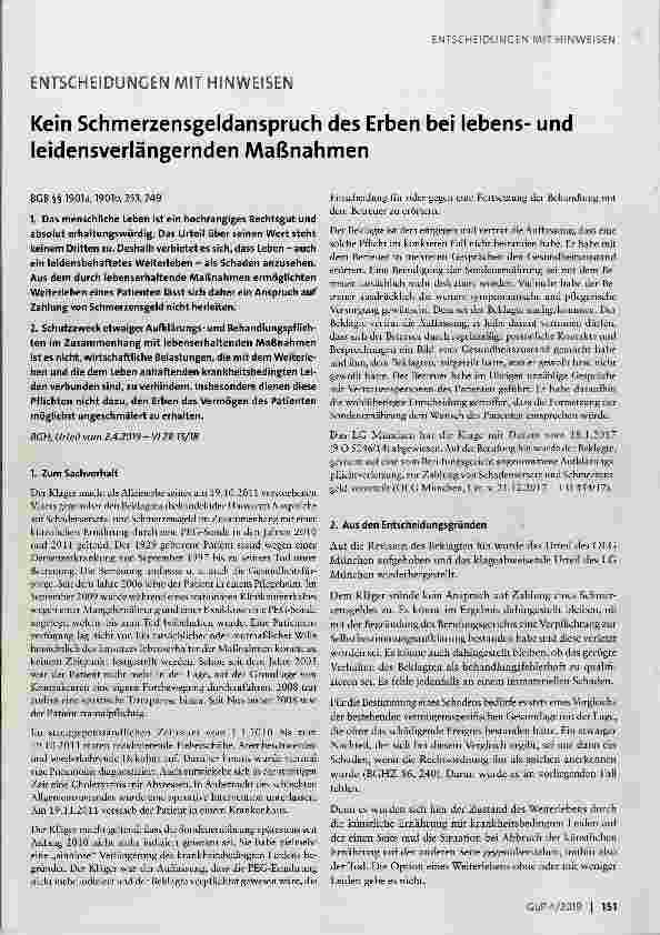 Vorschauseite 1: Kein Schmerzensgeldanspruch des Erben bei lebensund leidensverlängernden Maßnahmen