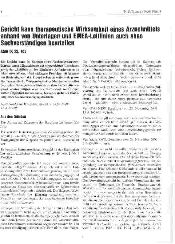 Vorschauseite 1: Gericht kann therapeutische Wirksamkeit eines Arzneimittels anhand von Unterlagen und EMEA-Leitlinien auch ohne Sachverständigen beurteilen