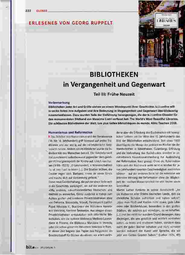 Vorschauseite 1: BIBLIOTHEKEN in Vergangenheit und Gegenwart Teil III: Frühe Neuzeit