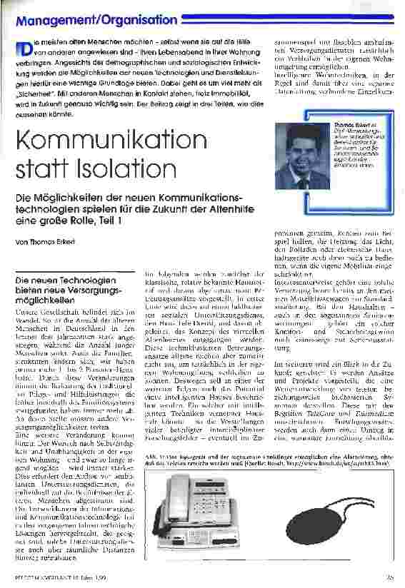Vorschauseite 1: Kommunikation statt Isolation Die Möglichkeiten der neuen Kommunikationstechnologien spielen für die Zukunft der Altenhilfe eine große Rolle, Teil 1