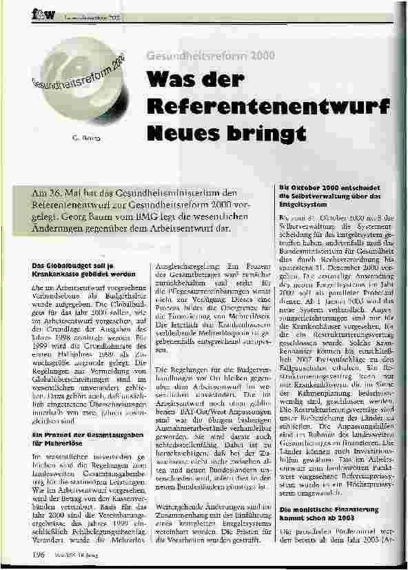Vorschauseite 1: Was der Referentenentwurf Neues bringt Gesundheitsreform 2000