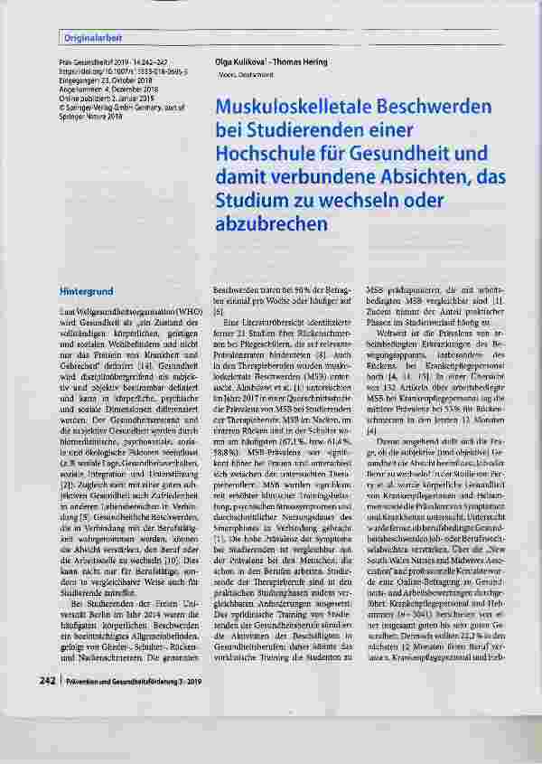 Vorschauseite 1: Muskuloskelletale Beschwerden bei Studierenden einer Hochschule für Gesundheit und damit verbundene Absichten, das Studium zu wechseln oder abzubrechen