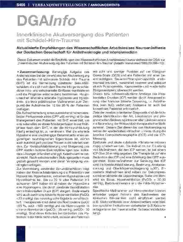 Vorschauseite 1: Innerklinische Akutversorgung des Patienten mit Schädel-Hirn-Trauma