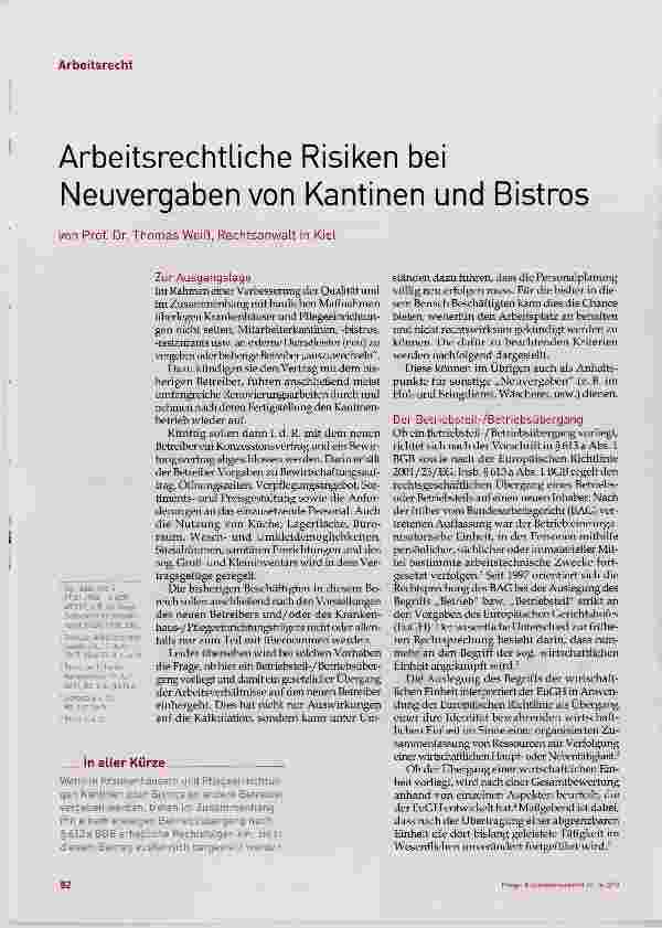 Vorschauseite 1: Arbeitsrechtliche Risiken bei Neuvergaben von Kantinen und Bistros