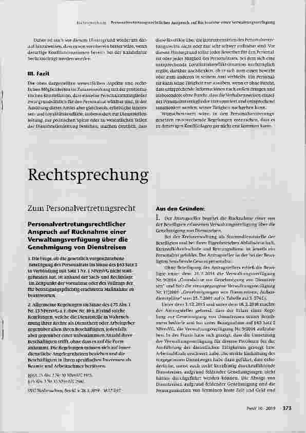 Vorschauseite 1: Personalvertretungsrechtlicher Anspruch auf Rücknahme einer Verwaltungsverfügung über die Genehmigung von Dienstreisen