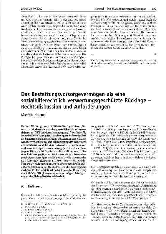 Vorschauseite 1: Das Bestattungsvorsorgevermögen als eine sozialhilferechtlich verwertungsgeschützte Rücklage -Rechtsdiskussion und Anforderungen