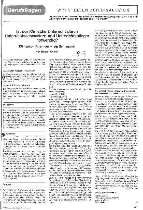 Vorschauseite 1: Ist der Klinische Unterricht durch Unterrichtsschwestern und Unterrichtspfleger notwendig?