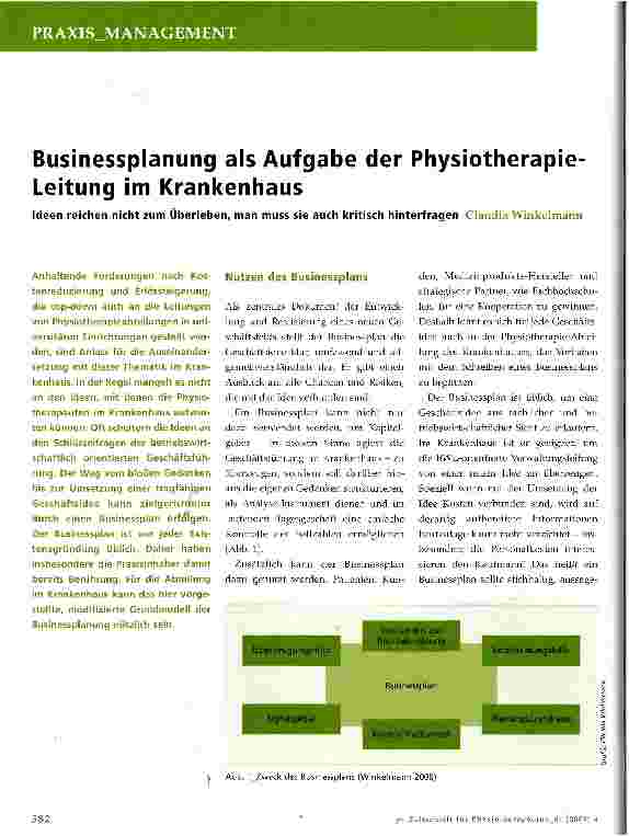 Vorschauseite 1: Businessplanung als Aufgabe der Physiotherapie-Leitung im Krankenhaus