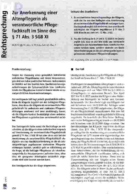 Vorschauseite 1: Zur Anerkennung einer Altenpflegerin als verantwortliche Pflegefachkraft im Sinne des § 71 Abs. 3 SGB XI
