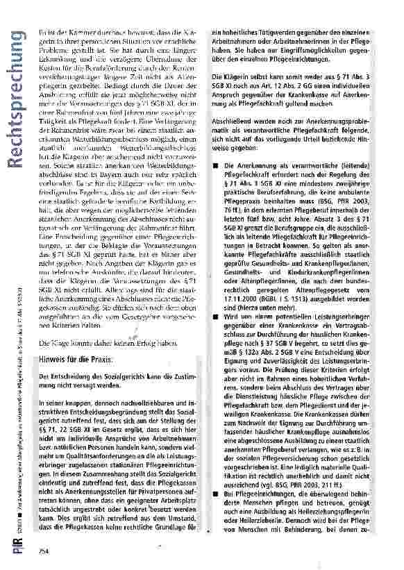 Vorschauseite 5: Zur Anerkennung einer Altenpflegerin als verantwortliche Pflegefachkraft im Sinne des § 71 Abs. 3 SGB XI