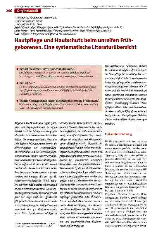 Vorschauseite 1: Hautpflege und Hautschutz beim unreifen Frühgeborenen. Eine systematische Literaturübersicht