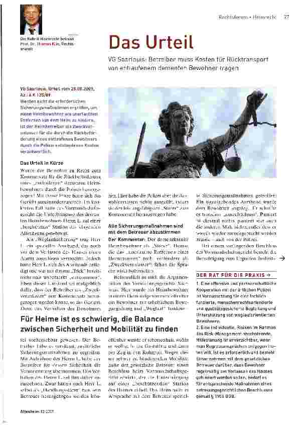 Vorschauseite 1: VG Saarlouis: Betreiber muss Kosten für Rücktransport von entlaufenem dementen Bewohner tragen