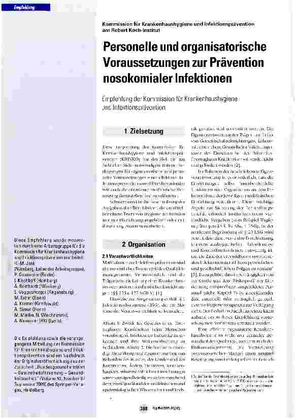 Vorschauseite 1: Personelle und organisatorische Voraussetzungen zur Prävention nosokomialer Infektionen