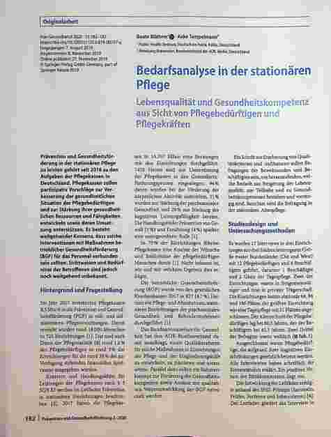 Vorschauseite 1: Bedarfsanalyse in der stationären Pflege: Lebensqualität und Gesundheitskompetenz aus Sicht von Pflegebedürftigen und Pflegekräften