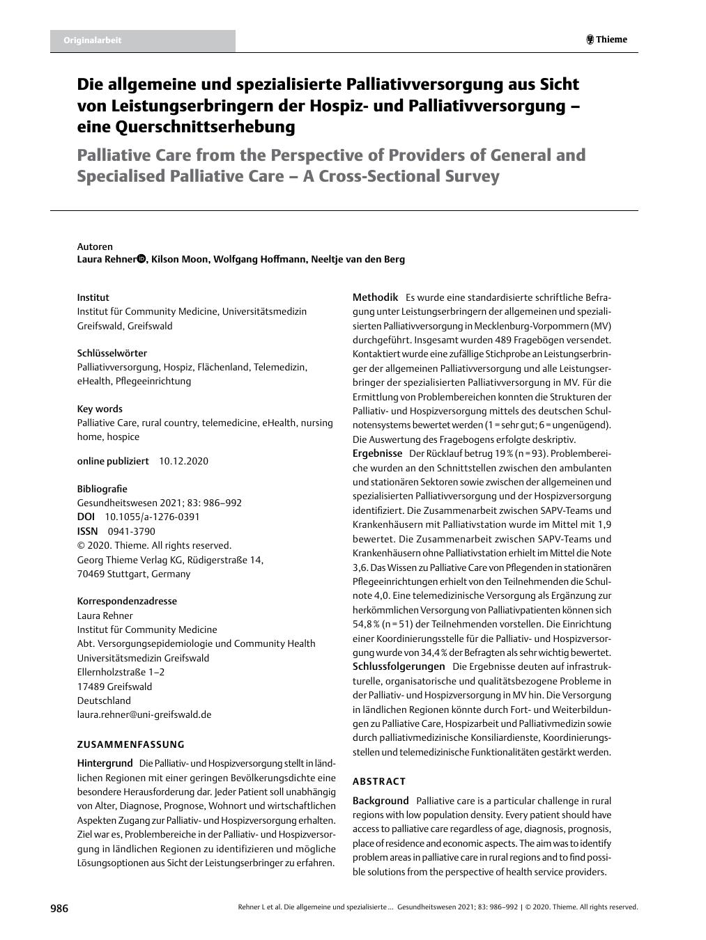 Vorschauseite 1: Die allgemeine und spezialisierte Palliativversorgung aus Sicht von Leistungserbringern der Hospizund Palliativversorgung – eine Querschnittserhebung