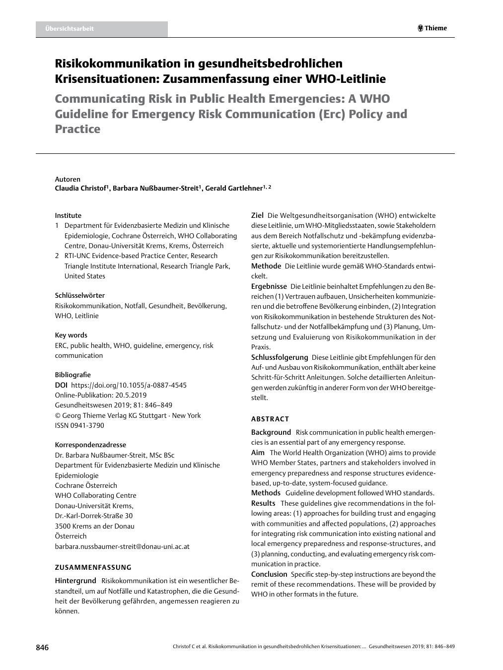 Vorschauseite 1: Risikokommunikation in gesundheitsbedrohlichen Krisensituationen: Zusammenfassung einer WHO-Leitlinie