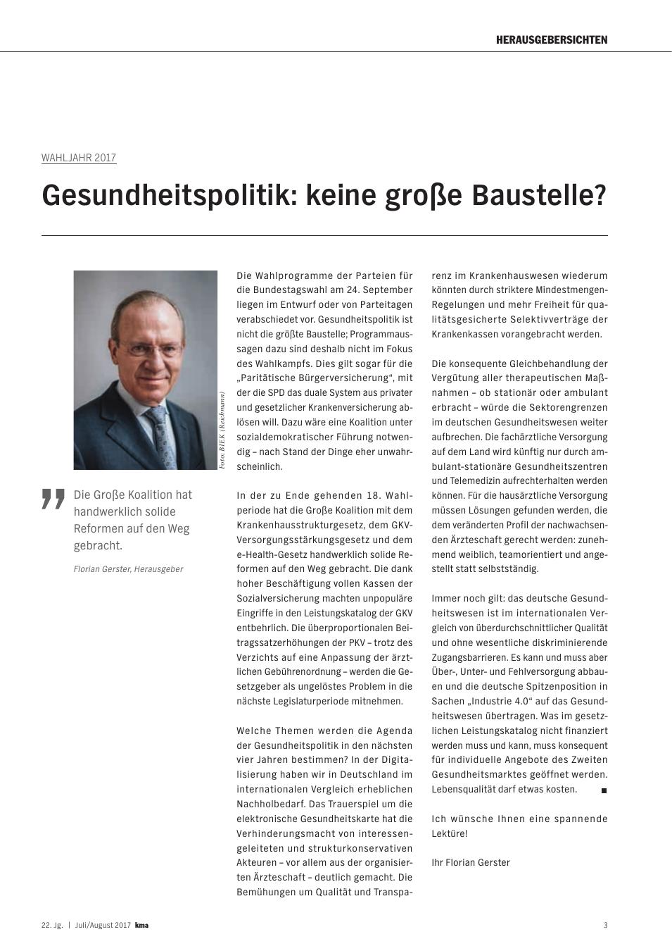 Vorschauseite 1: Wahljahr 2017: Gesundheitspolitik: keine große Baustelle?