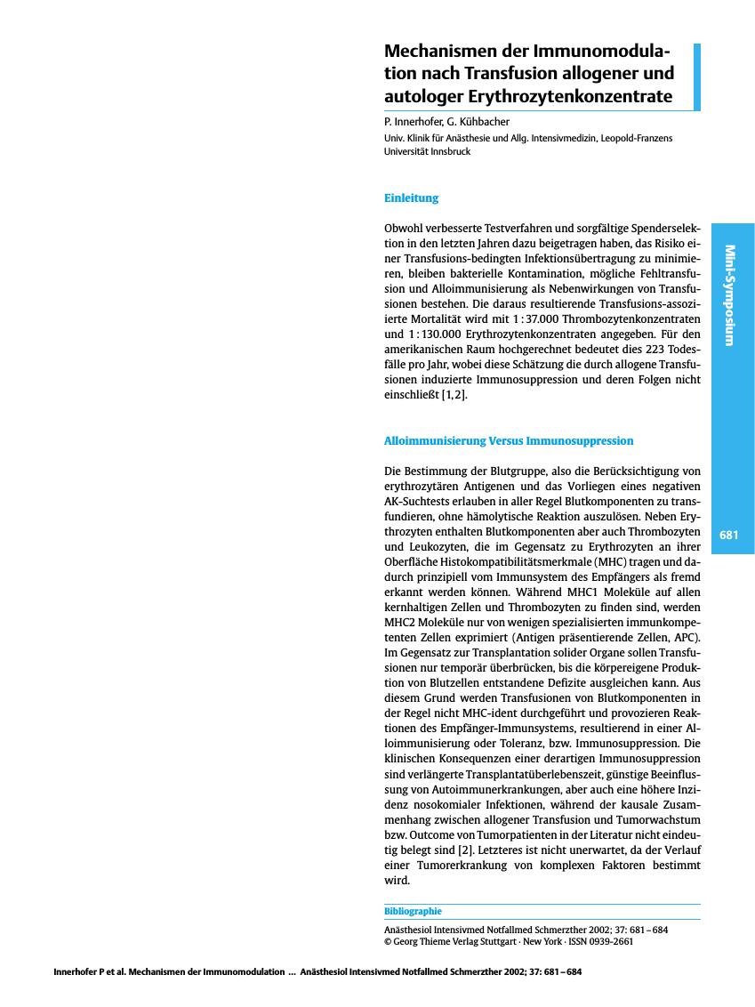 Vorschauseite 1: Mechanismen der Immunomodulation nach Transfusion allogener und autologer Erythrozytenkonzentrate