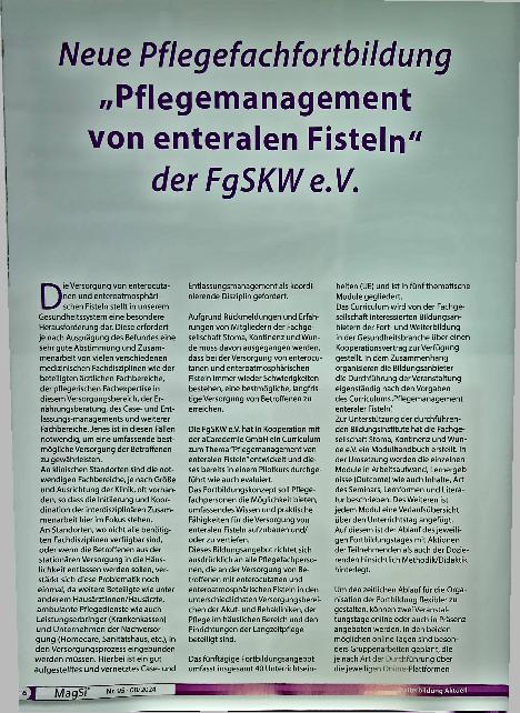 Vorschauseite 1: Neue Pflegefachfortbildung "Pflegemanagement von enteralen Fisteln" der FGSKW e. V.