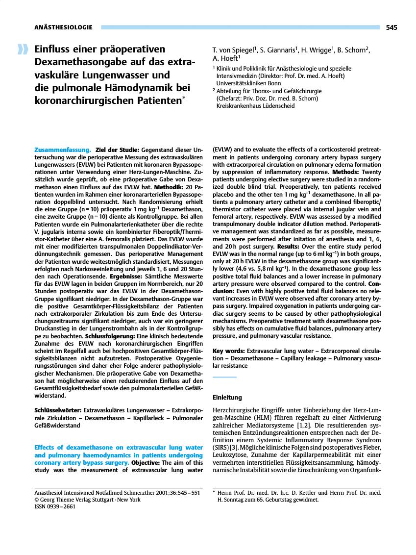 Vorschauseite 1: Einfluss einer präoperativen Dexamethasongabe auf das extravaskuläre Lungenwasser und die pulmonale Hämodynamik bei koronarchirurgischen Patienten