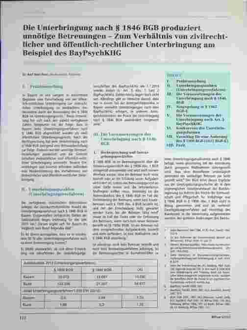 Vorschauseite 1: Die Unterbringung nach § 1846 BGB produziert unnötige Betreuungen - Zum Verhältnis von zivilrechtlicher und öffentlich-rechtlicher Unterbringung am Beispiel des BayPsychKHG