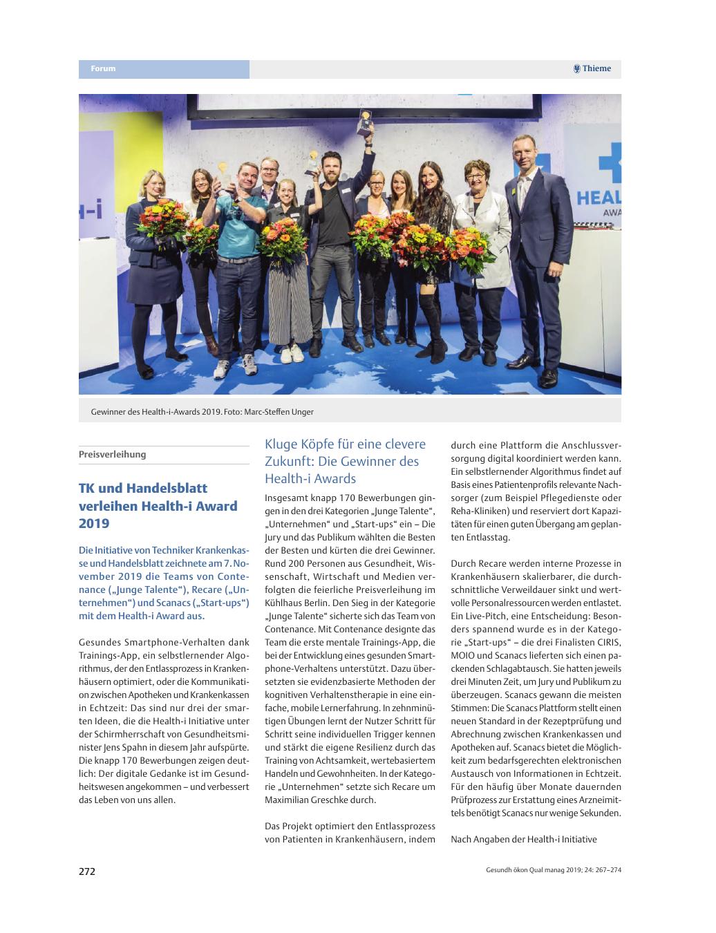 Vorschauseite 1: Preisverleihung – TK und Handelsblatt verleihen Health-i Award 2019
