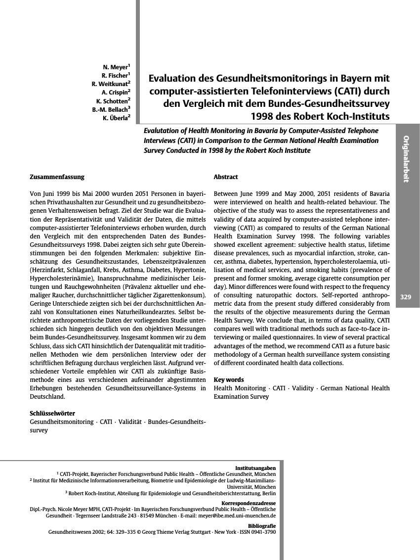 Vorschauseite 1: Evaluation des Gesundheitsmonitorings in Bayern mit computer-assistierten Telefoninterviews (CATI) durch den Vergleich mit dem Bundes-Gesundheitssurvey 1998 des Robert Koch-Instit…