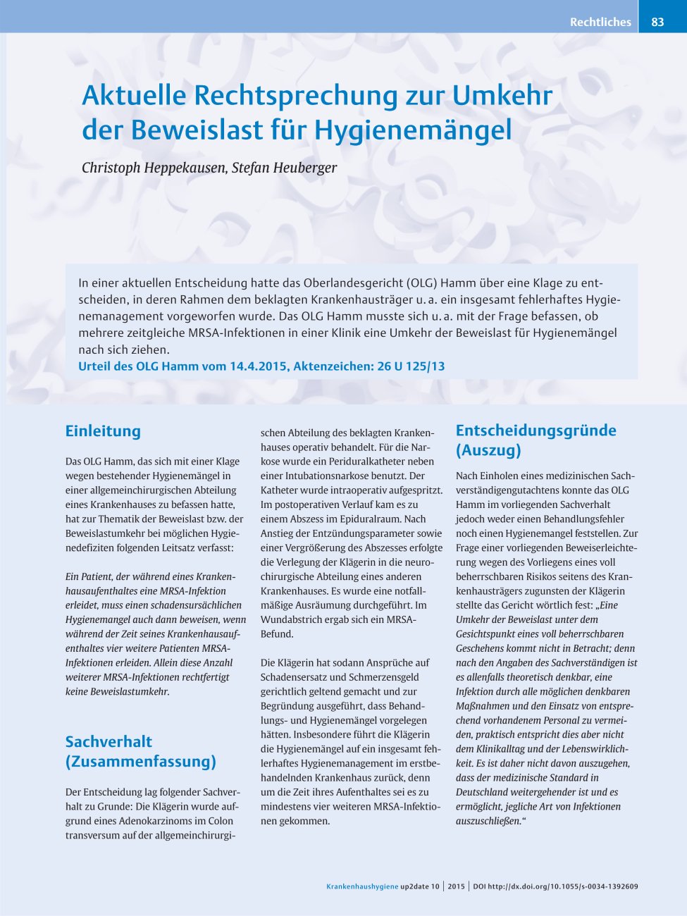Vorschauseite 1: Aktuelle Rechtsprechung zur Umkehr der Beweislast für Hygienemängel