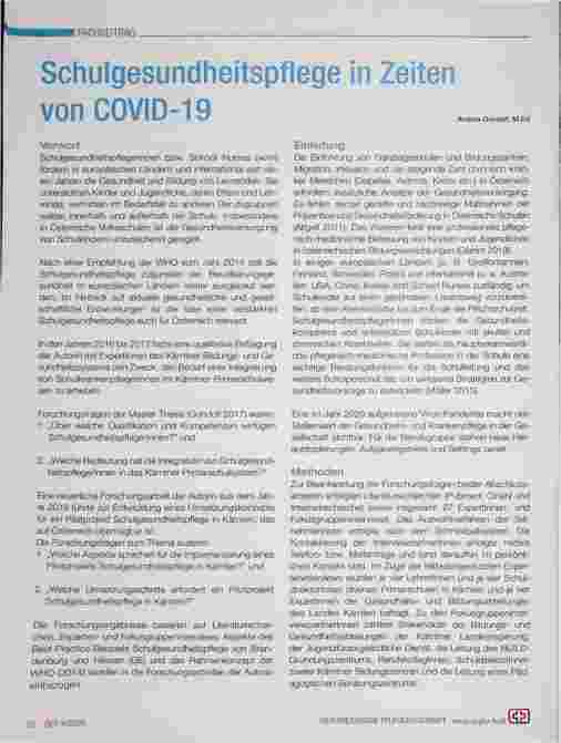 Vorschauseite 1: Schulgesundheitspflege in Zeiten von COVID-19
