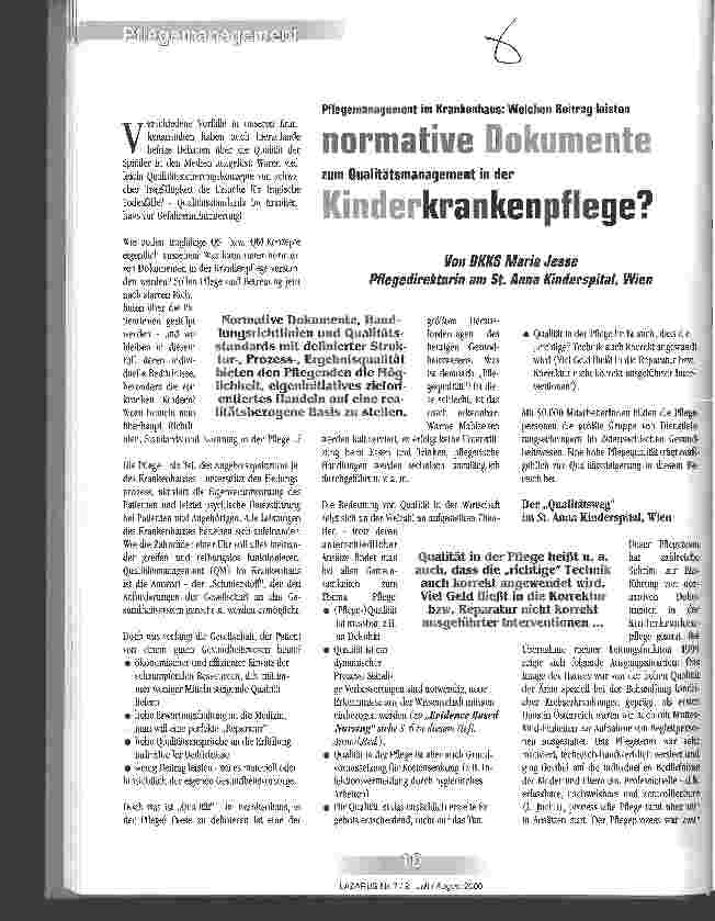 Vorschauseite 1: Pflegemanagement im Krankenhaus: Welchen Beitrag leisten normative Dokumente zum Qualitätsmanagement in der Kinderkrankenpflege?