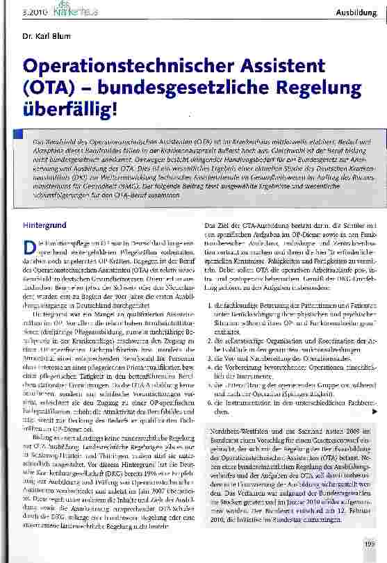 Vorschauseite 1: Operationstechnischer Assistent (OTA) - bundesgesetzliche Regelung überfällig!