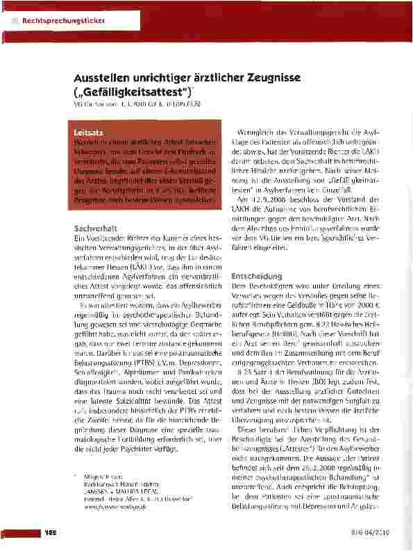Vorschauseite 1: Ausstellen unrichtiger ärztlicher Zeugnisse („Gefälligkeitsattest)