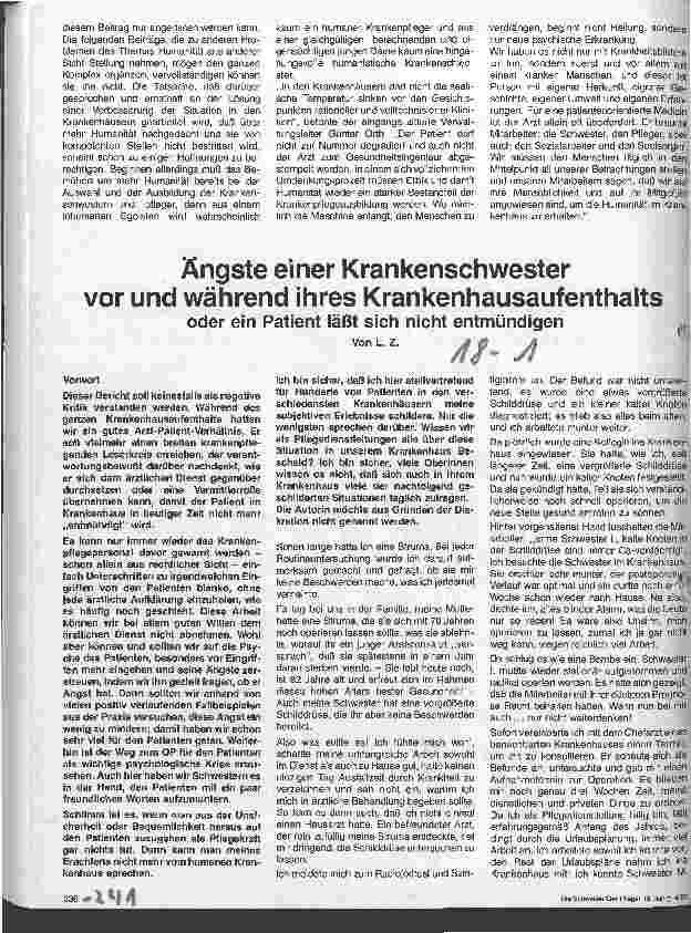 Vorschauseite 1: Ängste einer Krankenschwester vor und während ihres Krankenhausaufenthalts oder ein Patient läßt sich nicht entmündigen