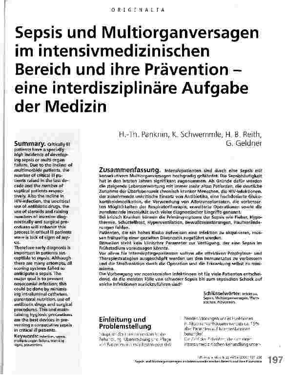 Vorschauseite 1: Sepsis und Multiorganversagen im intersivmedizinischen Bereich und ihre Prävention Eine interdisziplinäre Aufgabe der Medizin