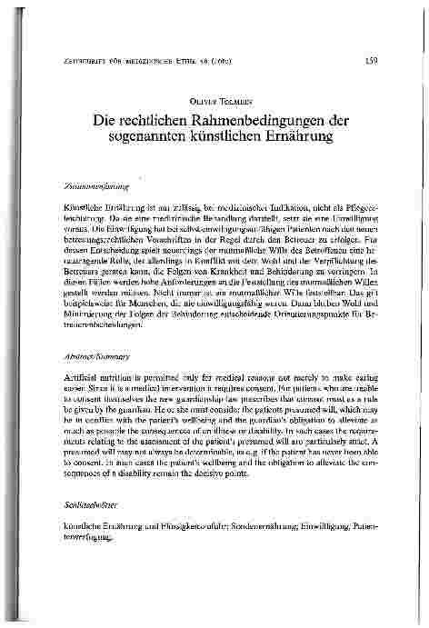 Vorschauseite 1: Die rechtlichen Rahmenbedingungen der sogenannten künstlichen Ernährung