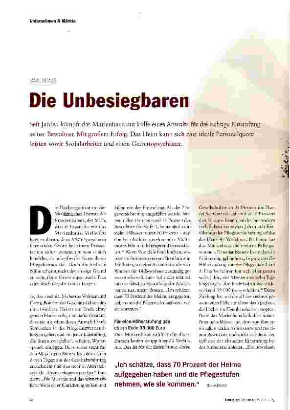 Vorschauseite 1: Die UnbesiegbarenSeit Jahren kämpft das Marienhaus mit Hilfe eines Anwalts für die richtige Einstufung seiner Bewohner. Mit großem Erfolg: Das Heim kann sich eine ideale Personalq…